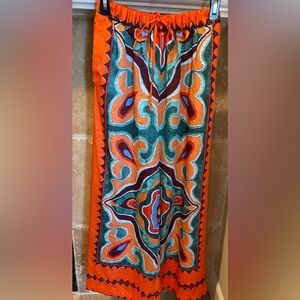 ZARA Orange Turquoise Brown Paisley Geometric Satiny Palazzo Trousers Pants SM